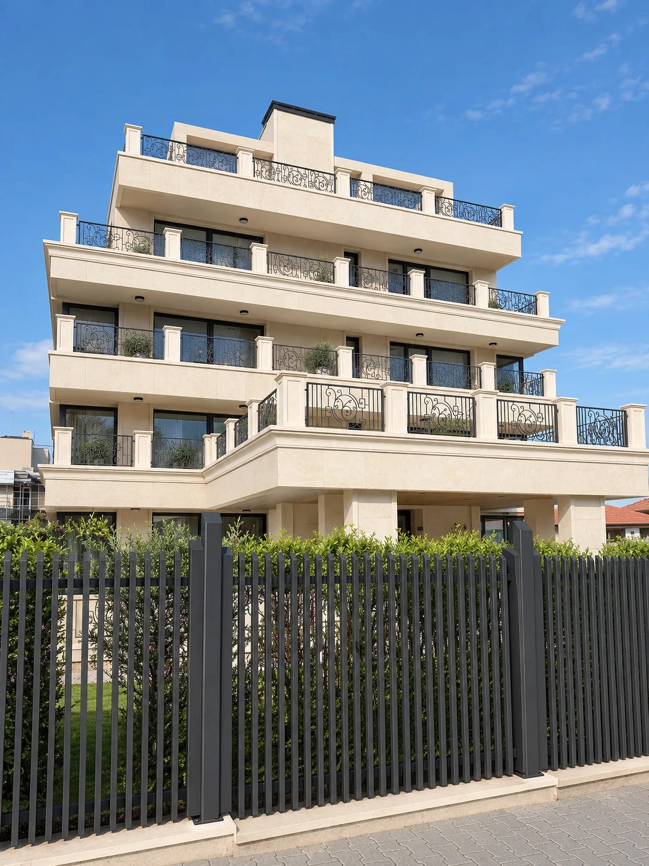 Визуализация на Urano Heights откъм улицата: етажи с тераси, каменна облицовка и парапети от ковано желязо зад тъмна ограда от ламели и жив плет